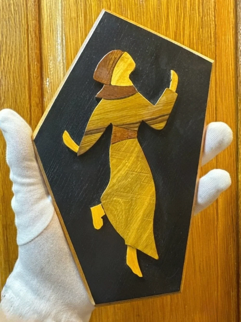 Vintage Inlay Wooden Dancing Figure Wall Plaque - Brown & Black
